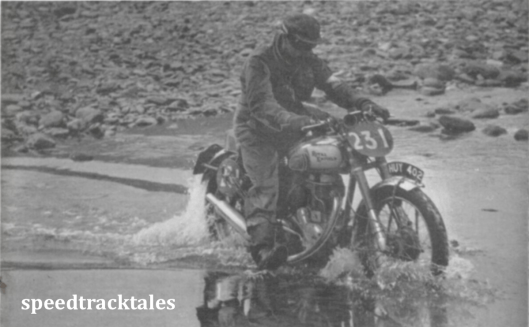 photo - 1949 Wales: # 231 Charlie Rogers ("350 Bullet") negotiating the Abergwesyn water splash in the heart of the Welsh mountains. The approach to the stream is typical of the rough going encountered through the trial. ISDT 1949 (Speedtracktales collection)