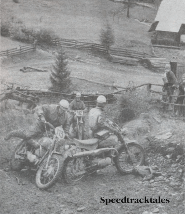 Photo - Typical of sections which led to white hhot dissensions and a result which satisfied only the winners. Here, in the Zir Bitz / Kogel area, on thursday. O. Traxel (Hercules) stops broadside fetching off fellow German J. Wenz (Hercules). Downhill, T Bakker of Holland (CZ) wisely halts. ISDT 1960