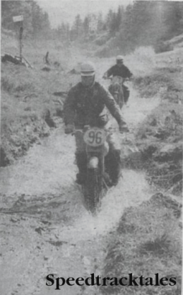 Photo Czechoslovakia's Z. Polanka (CZ) leads German rider J. Abt (DKW) through a stream bed in the same area. ISDT 1960
