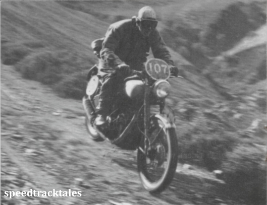 photo - a vivid impression on #107 B Nystrom , the Swedish rider, who won a gold medal in the strenuous 1950 trial. ISDT 1950 (Speedtracktales collection)
