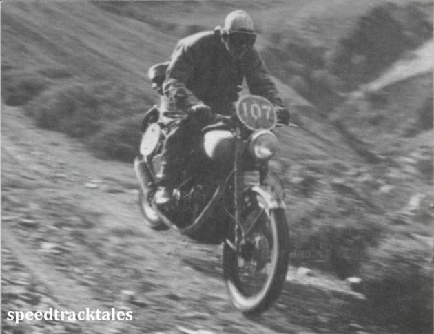 photo - a vivid impression on B Nystrom , the Swedish rider, who won a gold medal in the strenuous 1950 trial. ISDT 1950 (Speedtracktales collection)