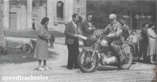 photo - Italy: #171 Chick Gibson ("350 Bullet) Irish Vase Team leaving one of the time checks. ISDT 1951 (Speedtracktales collection)