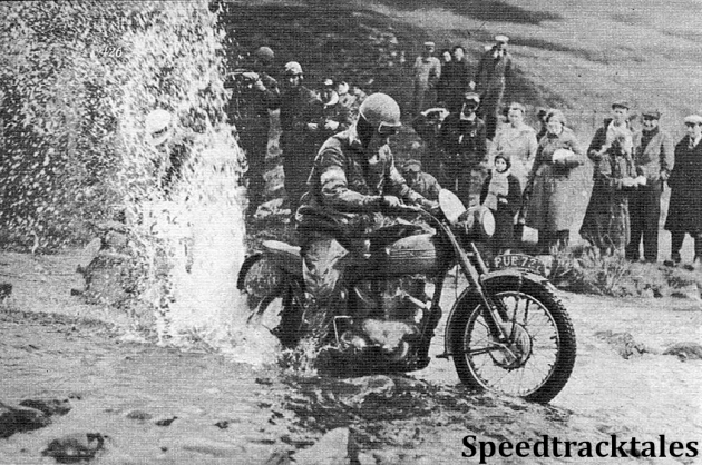 photo - BH Olie (649 Triumph), of Holland, inadvertabtly swamps H. Oelerich (345 Victoria), Germany at the Diluw water splash. This misfortune on Friday cost Oelerich his first marks loss of the week. ISDT 1954 (Speedtracktales Archive)