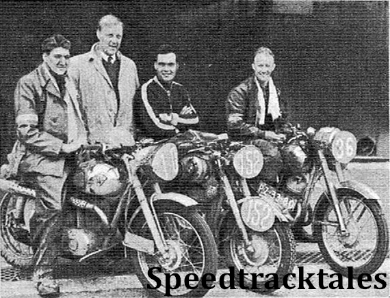 photo - Winnersof the Silver Vase - the Netherlands B team. Left to right: S. Schram (147 Maico), H Burik (manager), M. den Haan (248 Puch) and BL Jansema (148 Jawa) ISDT 1954 (Speedtracktales Archive)