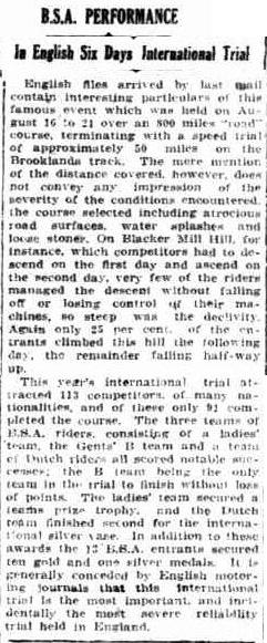 Image - scanned article in 'Sunday Times' Perth, Western Australia on the success of BSA at ISDT 1926