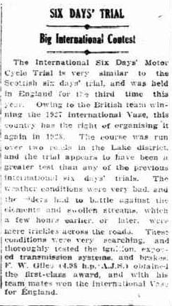 image - scanned article in Sunday Times, Perth Western Australia 13 Nov 1927 reporting on F W Giles's win ISDT 1927