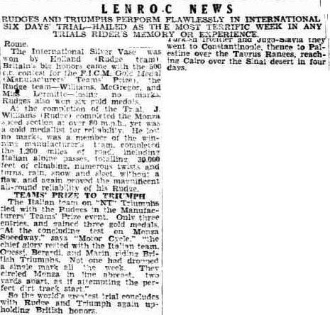 image - scanned article in 'the Advertiser' of Adelaide, reporting on the success of the Rudge and Triumph Makes at the ISDT 1931