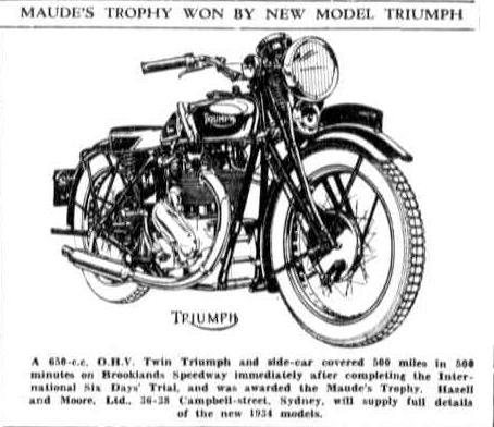 image - scanned from 'the Farmer and Settler' New South Wales 14 Dec 1933 with an illustration fo the Triumph 650cc sidecar that won the Maude's Trophy in the ISDT 1933