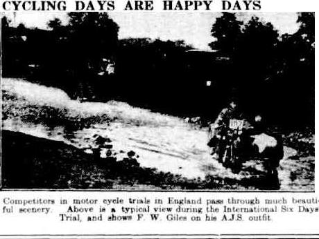 image - scanned photo from 'the Register News Pictorial' Adelaide South Australia, 2 September 1930 indicating it was taken at an English ISDT of FW Giles who was entrant #107 in ISDT 1928