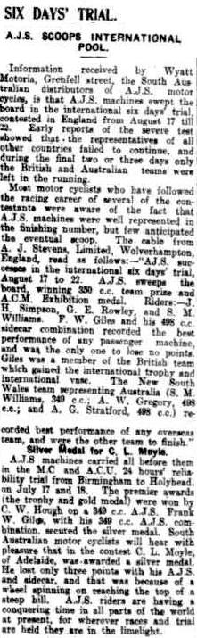 image - scanned article in the Register, Adelaide Australia 8 Sept 1925 including news of the success of the AJS team and also some Australian riders in a team at the event ISDT 1925