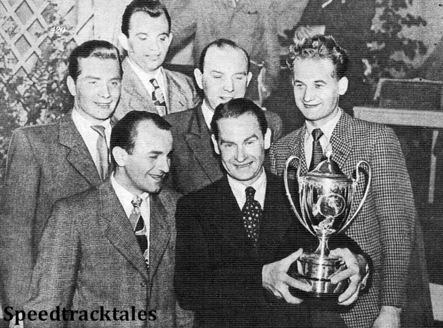 photo - the victorious Czech Trophy team. Jan Krivka, team manager, stands behind J. Pudil, V Sedina, and S. Klimt (middle row) and J. Kubes and B. Roucke (front row) ISDT 1954 (Speedtracktales Archive)
