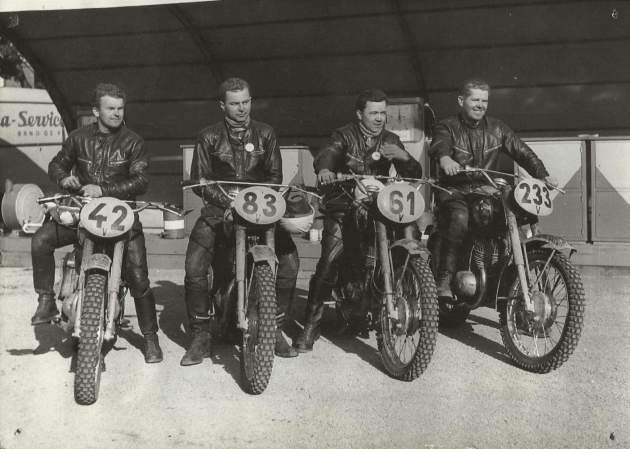 Photo - Vase team event winners - Czech Vase A Team #42 Ulrich Hamrsmid 250 Jawa Gold Medal #61 Frantisek Bouska 250 Jawa Gold Medal #83 Frantisek Huffer 250 Jawa Gold medal #233 Vladimir Stepan 350 Jawa Gold medal at ISDT 1959