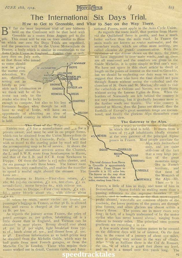 Image - scanned page from 'the Motor Cycle' 18th June 1914 with travel and entry details for ISDT 1914 (Courtesy of the Greenwood Family Collection)