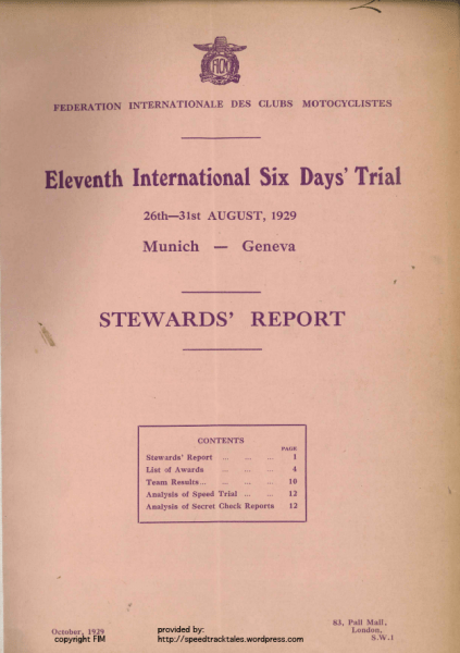 ISDT 1929 Stewards Report Cover