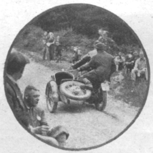 Click on map to enlarge image - F. Juhan (598 Jawa sc), of the Czechoslovakian Trophy team, in action. Note how the acrobatic sidecar passenger hold onto a strap. ISDT 1937