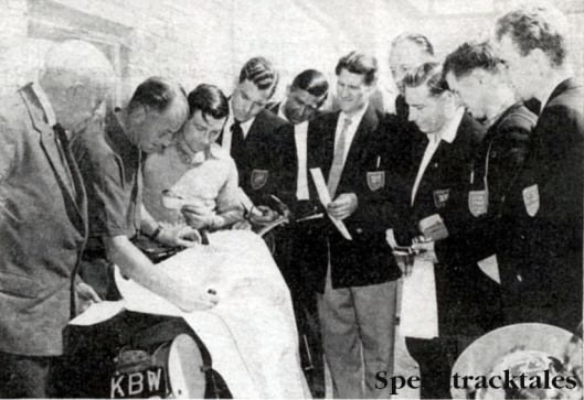 Photo - Stoker (second from left)briefing the British Team for the 1959 ISDT in Czechoslovakia. On Jack's right is Harry Baughan, doyen of ISDT planning in this country.