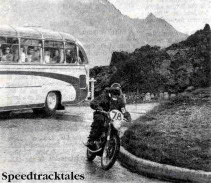 Photo - Heavy tourist traffic didn't really help on tortuous mountain passes: Here #78 Italian Guzzi rider Dall'Ara Franco waas at least lucky to have a clear view around the bend ISDT 1960