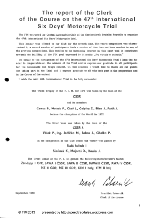 Image of scanned cover page of official results for ISDT 1972