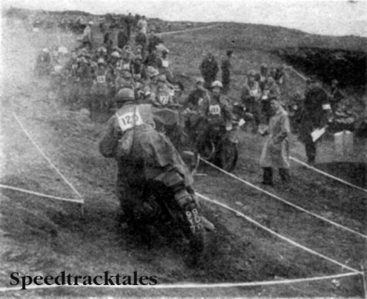 Photo - Army Two Day Motorcycle Trials Championship 1960 - The timed section near the Horseshoe Pass, first in the waiting queue is individual winner W.O II A. Timms (BSA)