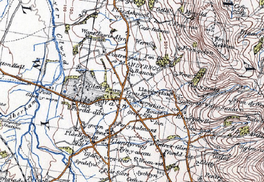 Image - scanned 1920's OS 1" map showing Cross Jeys Inn Llandyrnog checkpoint ISDT 1938