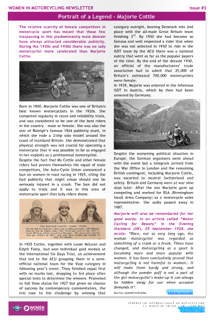 Image - Article in Marjorie Cottle in FIM Women in Motorcycling Magazine