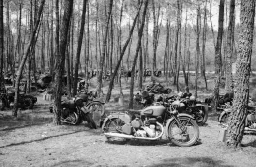 Photo - Abandoned British army motorcycles at Monce-en-Belin near Le Mans, 13 June 1940. (Image courtesy Imperial War Museum)