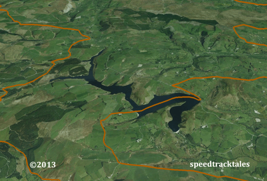 image - Google Earth ™ image of the Clywedog Reservoir near Staylittle / Llanidloes and the route of the ISDT 1954