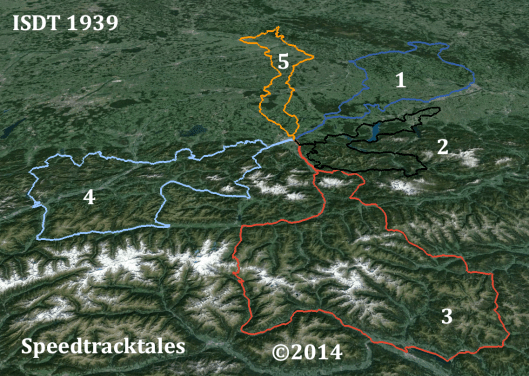 Image - routes of days 1 - 5 ISDT 1939 set out on LANDSAT colour image (Google Earth / Speedtracktales)