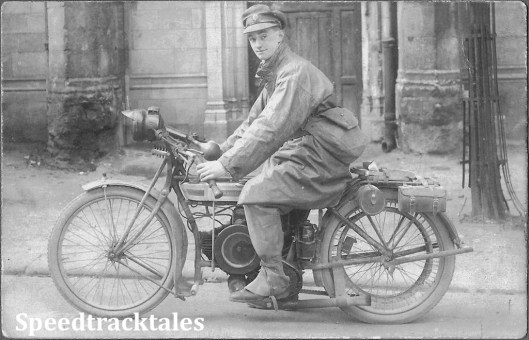Photo - Maurice Greenwood 1916 working as a dispatch rider in the Somme area of Flanders (Courtesy of the Greenwood Family Collection)