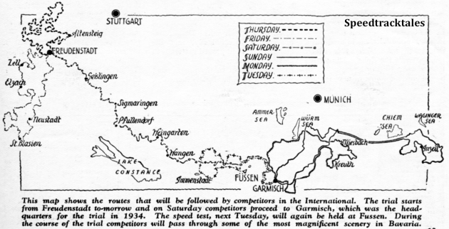 Image - map from 'Motor Cycling' showing all 6 day routes for ISDT 1936