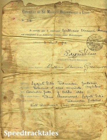Image - scanned copy of Maurice Greenwood's Emergency British Registration issued at the British Consul Lyons April 1913 (Courtesy of the Greenwood Family Collection)
