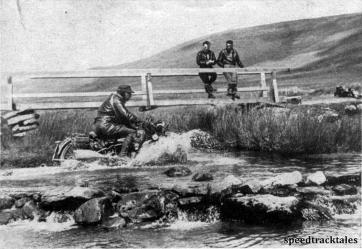 Photo - One of the German NSU entries crosses a river on the Tregaron - Abergwesyn Road ISDT 1937 (Speedtracktales Collection)