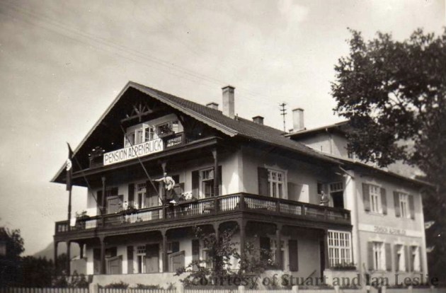 Photo - Pension Alpenblick complete with national flag. ISDT 1934 (Courtesy Stuart and Ian Leslie Collection)