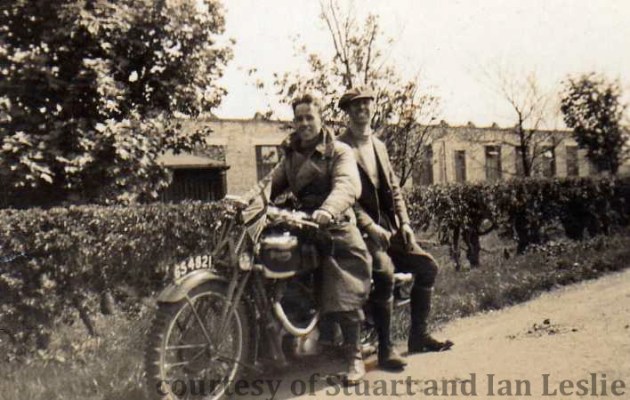 Photo – Jack Leslie rides pillion with A D Stewart [GS 4821] ISDT 1935 (Courtesy Stuart and Ian Leslie Collection)