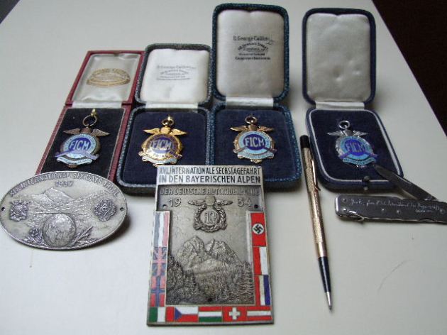 Photo - Jack Leslies medals and plaques ISDT 1934-38 (Courtesy Stuart and Ian Leslie Collection)