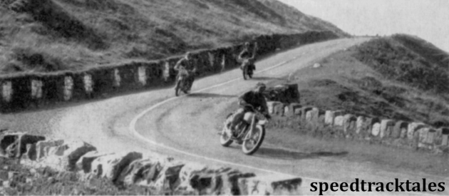 photo - Near Carn Lwyd in the Black Mountains JM Hearns {347cc Matchless) leads D D Jones (348cc BSA) and Major ERR Lloyd, R.A (125cc BSA) ISDT 1949 (Speedtracktales archive)