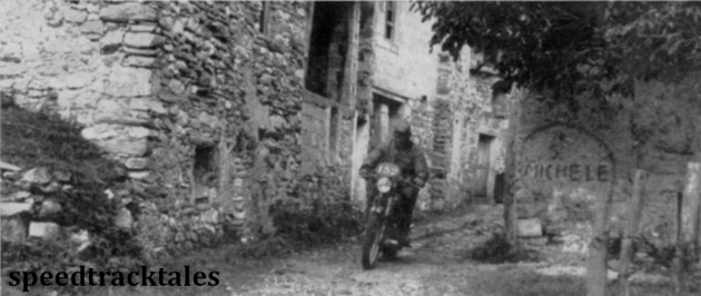 photo - R Dunn (500cc Triumph), making a cautious exit from a village ISDT 1951 (Speedtracktales archive)