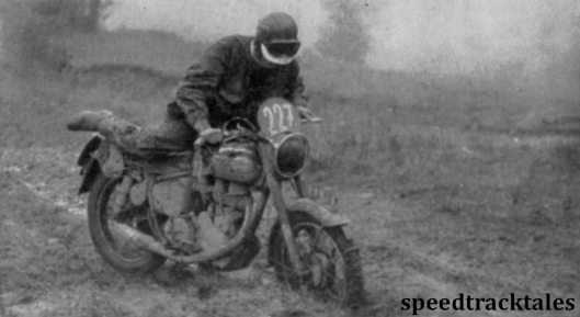 photo - JV Brittain )346cc Royal Enfield) British Trophy Teamster momentarily looses control on mud ISDT 1955 (Speedtracktales archive)