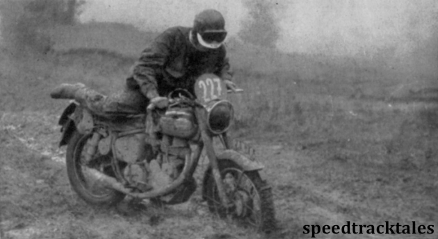 photo - JV Brittain )346cc Royal Enfield) British Trophy Teamster momentarily looses control on mud ISDT 1955 (Speedtracktales archive)