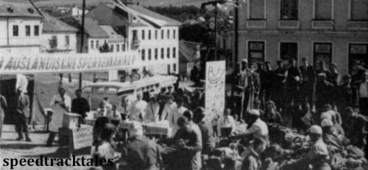 photo - The competitors preparing to restart after a brief stop for lunch ISDT 1959 (Speedtracktales archive)