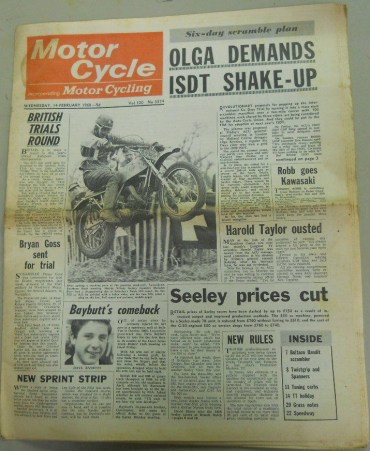 Photo - Front page of 'Motor Cycle' 14th February 1968 on proposals to change the ISDT rules.