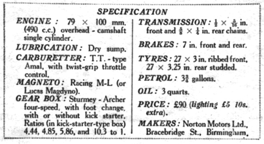 image - scanned specs 1932 500cc 'International' Norton (speedtracktales archive)
