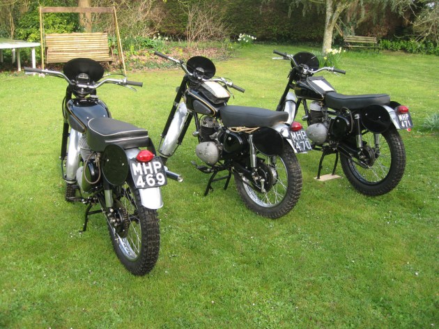 Photo - Ex Dick Kemp [MHP471] 175cc Ex Ernie Smith [MHP 469] Ex George Fisher [MHP470] 197cc  Francis Barnett manufacturers team bikes ISDT 1954 ISDT 1955 ( Courtesy John Harding)