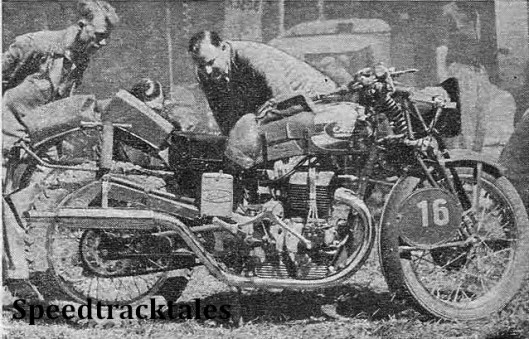 photo - our man 'Cyclops' examining one of the rear sprung 500 twin Sertums - that ridden by #16 A. Brunetto, a member of the Italian Vase 'A' team ISDT 1939 (Speedtracktales Collection)