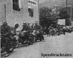 photo - The 21st International will go down in history as the occasion the entire British entry retired. The reason for the retirement is given elsewhere in the story and here is a scene during the retreat from Salzburg. It shows part of the contingent arriving at Feldkirk before crossing the border into Switzerland. ISDT 1939 (Speedtracktales Archive)