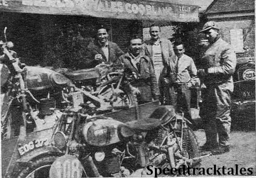 photo - Safe and sound in an allied country, competitors take the opportunity to relax from the tension of the past few days. N.P.O Bradley, Len Heath, and Jack White will be recognized in the group and the Ariel in the foreground #108 is that of W.A> West. They are waiting for Petrol.  ISDT 1939 (Speedtracktales Collection)