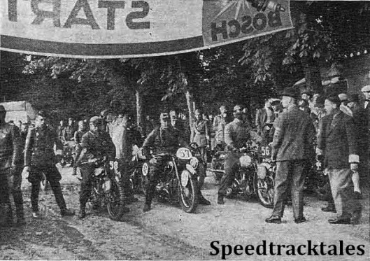 photo - Starting on Monday : (Left to Right) the riders are V.N Brittain (Norton) W. Schlichting (BMW) Germany and J.H. Sybrandy (Triumph) Holland  ISDT 1939 (Speedtracktales Collection)
