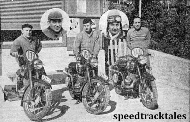 Photo - The Czechoslovakian team, winners of the 1952 International Trophy. With their 250cc Jawa two-strokes are #177 Jan Novotny, #169 Jiri Kubes, #148 Richard Dusil. Circled are (left) Cenek Kohlicek and right Jaroslav Pudil, the two 150 cc CZ-riding members of the quintet ISDT 1952 (Speedtracktales Collection)