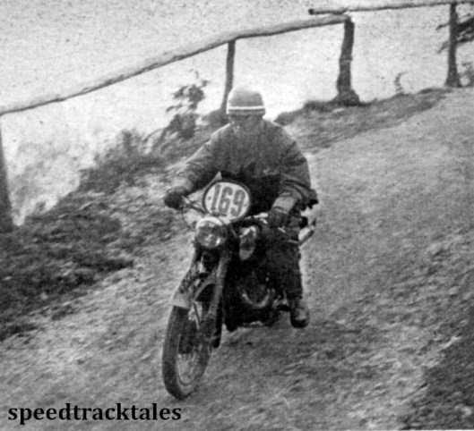 Photo - Member of the Cezechoslovakia Trophy team, Jiri Kubes seen during Sunday's run. His mount is a 250cc Jawa two-stroke. ISDT 1952 (Speedtracktales Collection)