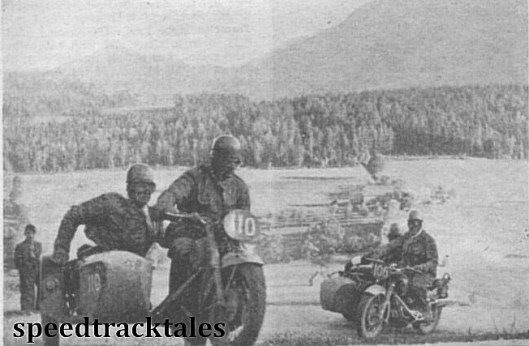 Photo - L. van der Noll of Holland (590 BMW sc) begins the climb of the Steinberg Pass followed by his compatriot, BP Emmelkamp, on a 597cc Zündapp outfit. ISDT 1952 (Speedtracktales Collection)